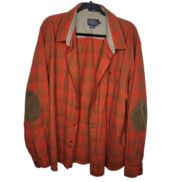 Pendleton Trail Virgin Wool Button Down Elbow Patch Shirt Size XXL Plaid Orange - Picture 2 of 4